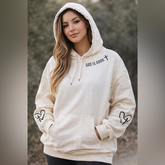 Tops - Cream & Black Hoodie with “God Is Good” Print size XL